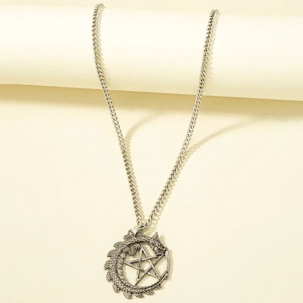 Stainless Steel Retro Pentagram Dragon Unisex Pendant Necklace